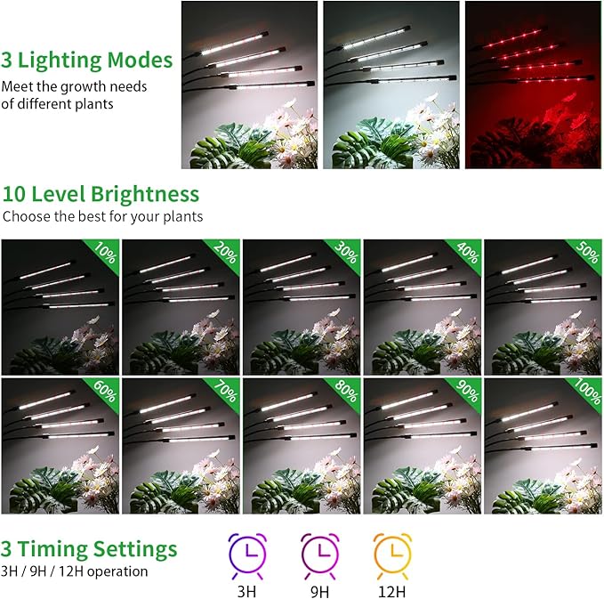 Grow Lights for Indoor Plants,168 LEDs Clip Plant Lights, Full Spectrum LED Plant Growing Lamps with Flexible Gooseneck, 3/9/12H Timer, 3 Spectral Modes, 10 Dimmable Levels, 4 Head