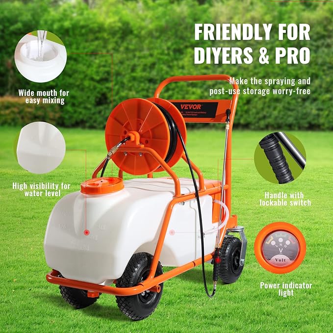 VEVOR Battery Powered 15 Gallon Garden Weed Sprayer with Wheeled Cart, 126FT Hose with Reel, 8 Nozzles, 2 Wands with Lock Trigger, 0-90PSI, 5-6h Spray Time, Wide Mouth Lid, Rotating Wheels with Brake