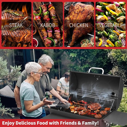 Barrel Charcoal Grill, Large Charcoal Grills with Front and Side Shelf, 627 Square Inches Cooking Grid, Outdoor BBQ Grill, Perfect for Backyard Camping, Patio Parties, and Picnics