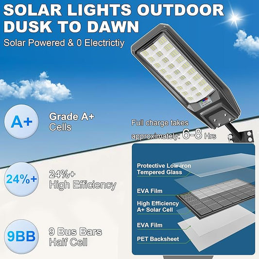 9500W Solar Lights Outdoor Waterproof, Commercial Street Lights Solar Powered Dusk to Dawn 243 LEDs with Remote/Motion Sensor, IP67 for Parking Lot/Garden/Yard, 2 Pack