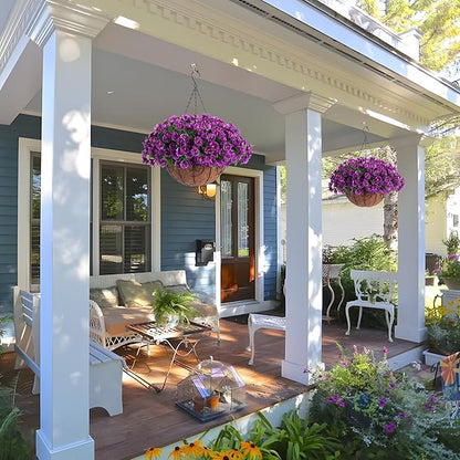 Artificial Hanging Flower Plants with Basket for Spring Summer Outdoor Decoration, Faux Petunias Flowers Fake Morning Glory Planter for Outside Patio Garden Porch Balcony Yard Decor(Lotus)