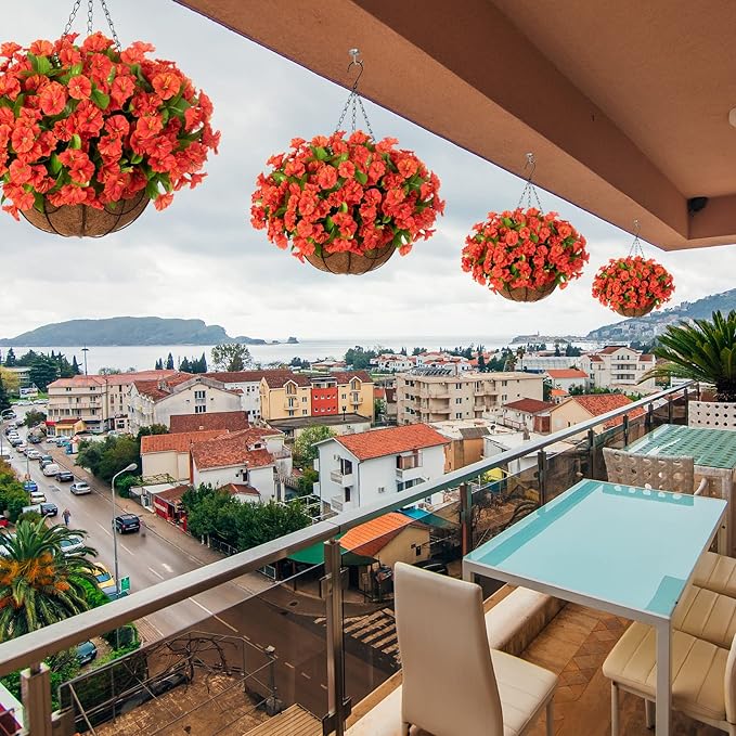 Artificial Fall Hanging Flower Plants with Basket for Summer Autumn Outdoor Decoration, Faux Petunias Flowers Fake Morning Glories Planter for Outside Patio Garden Porch Balcony Yard Decor(Orange)