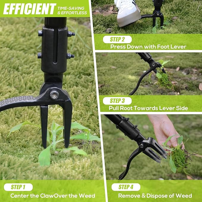 4-Claw Stand-Up Weeder Puller with 50" Long Handle, Dandelion Weed Puller Tool,Heavy Duty Weed Puller for Garden & Lawn Care, Easily Weed Removal Without Bending or Kneeling
