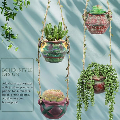 4 Piece Boho Ceramic Hanging Planters with Drainage Holes – Adorable Indoor Outdoor Succulent Flower Pots, Unique Home Décor, Charming Small Planters for Plants