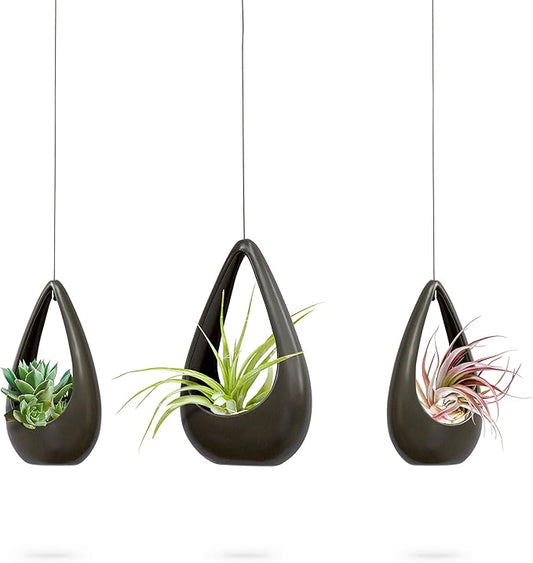 23 Bees, Hanging Air Plant Holder, Gray Hanger Ceramic Planter, Small Floating Succulent Pots Container, Cactus Holders with Metal Wire, 3 Pack