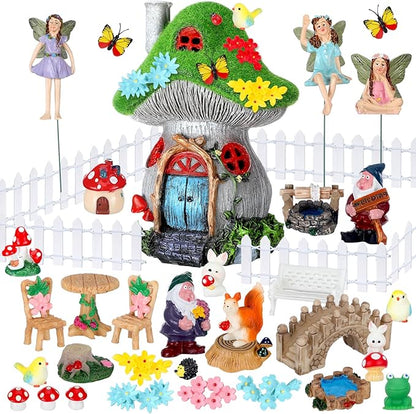 Suzile 50 Pcs Solar Fairy House Garden Accessories Light up Flocked Fairy House Garden Kit Green Resin Miniature Mushroom Figures Micro Landscape Ornament(Mushroom House)