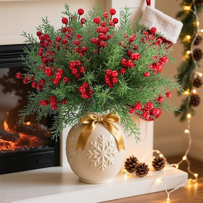 4 Bundles 140 Pcs Artificial Christmas Flowers with Red Berry Stems, Fake Norfolk Pine Garland Branches for Winter Decor, Faux Christmas Garland Tree Picks and DIY Crafts (Pine Foliage)