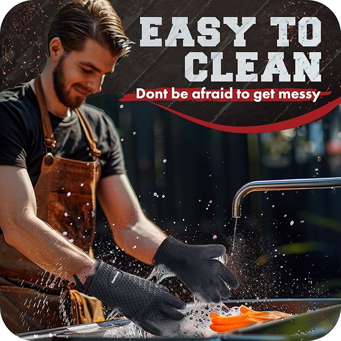 KITCHEN PERFECTION Silicone Smoker Oven Gloves-Extreme Heat Resistant BBQ Gloves-Handle Hot Food Right on Your Grill Fryer & Pit|Waterproof Grilling Cooking Baking Mitts|Superior Value Set +3 Bonuses