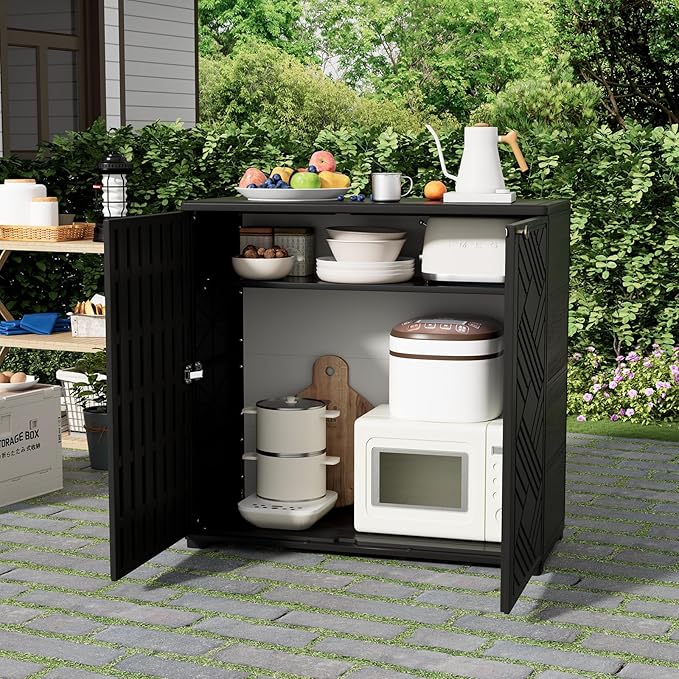 HOMSPARK Indoor/Outdoor Storage Cabinet with Doors, 34”x15”x34” HDPE Plastic Storage Box for Bedroom, Bathroom, Living Room, Balcony, Multi-Purpose for Daily Tools, Black