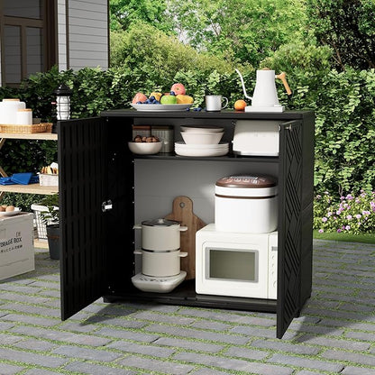 HOMSPARK Indoor/Outdoor Storage Cabinet with Doors and 1 Shelf, 34”x15”x34” HDPE Plastic Storage Box for Bedroom, Bathroom, Living Room, Balcony, Multi-Purpose for Daily Tools, Black