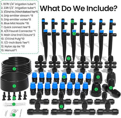 MIXC 230FT Quick-Connect Drip Irrigation System Kit, Automatic Garden Watering System with 1/4" & 1/2" Fast-Lock Tubing - Adjustable Nozzles & Sprinklers for Garden, Greenhouse, Lawn, Potted Plants