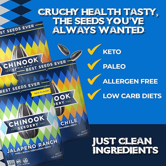 Chinook Seedery Roasted Sunflower Seeds - Jumbo Seeds Keto Snacks - Best For Snack Packs - Gluten Free, Non GMO Snack Food Gifts - 4 Ounce (Pack of 3) - Bring the Heat Variety Pack