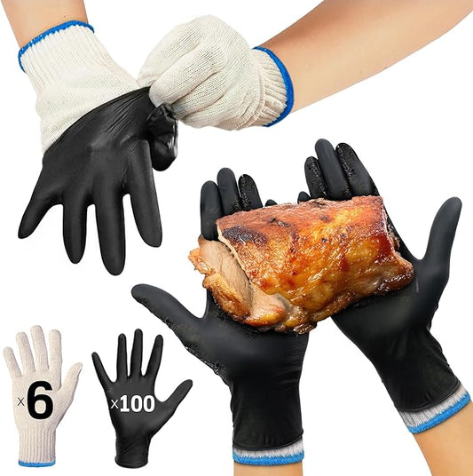 Raxwell BBQ Gloves - 6 Heat Resistant Cotton Liners + 100 Nitrile Food Prep Gloves for Barbecue Smoker, Cooking & Hot Food - Size Large - BBQ Accessories - Grilling Accessories