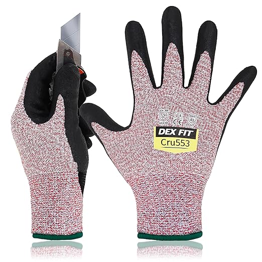 DEX FIT Level 5 Cut Resistant Gloves Cru553; Firm Non-Slip Grip; Thin & Lightweight; Durable & Foam Coated; Touchscreen Compatible; 3D-Comfort Fit; Cut Proof Work Gloves; Red M (8) 3 Pairs