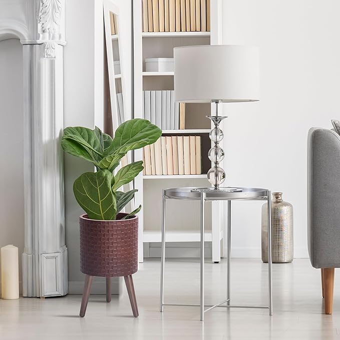 D'vine Dev 10 Inch Modern Geometric Tile Patterned Sleek Planter Pot with Stand, Indoor Outdoor Decorative Plant Holder, Espresso, 88-Z-B-6