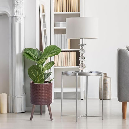 D'vine Dev 10 Inch Modern Geometric Tile Patterned Sleek Planter Pot with Stand, Indoor Outdoor Decorative Plant Holder, Espresso, 88-Z-B-6