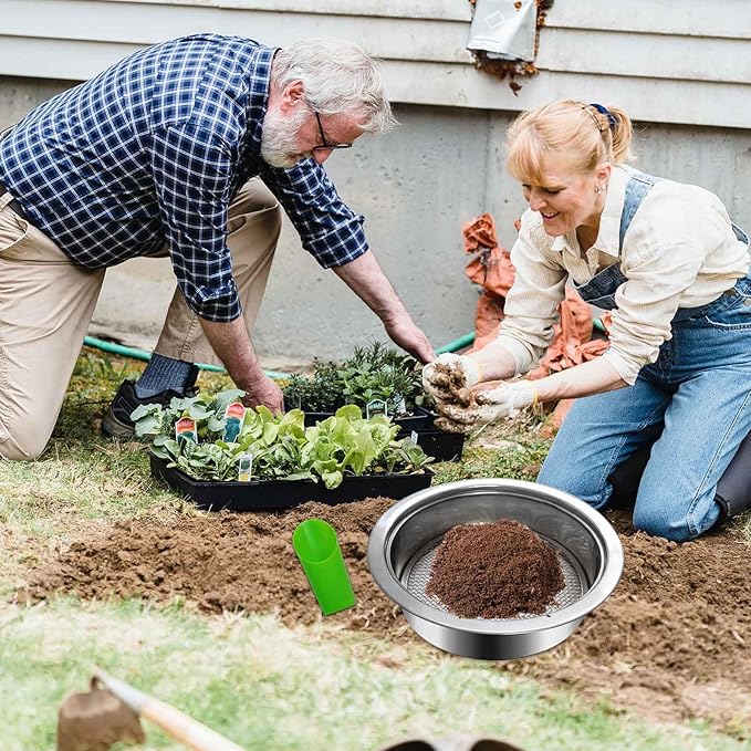 3PCS Interchangeable Mesh Soil Sifter for Gardening - 3/6/9mm Stainless Steel Stackable Sieve with Soil Scoop, Ideal for Dirt Sand Rock Compost Filtration