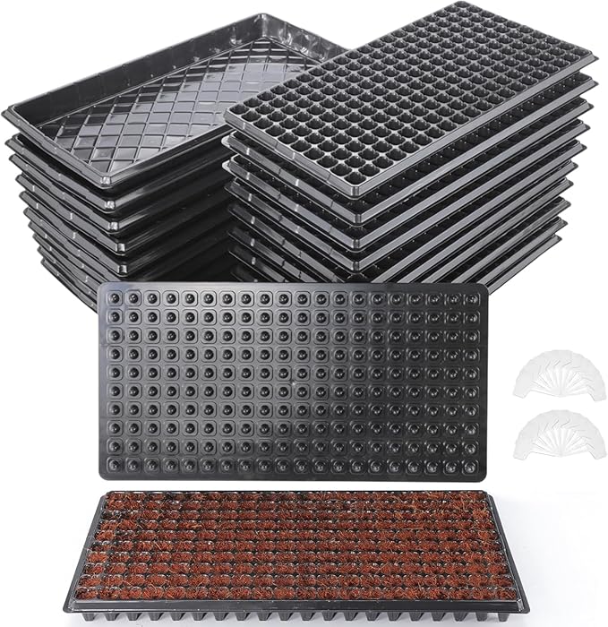 (20-Pack)200-Cell Seed Starter Trays with Dibber, 10 Pack Nursery Starting with Base Tray, 200 Hole Soil Digger for Setting Out Quickly, Seedling Planting Tray, Germination Kit Trays Reusable