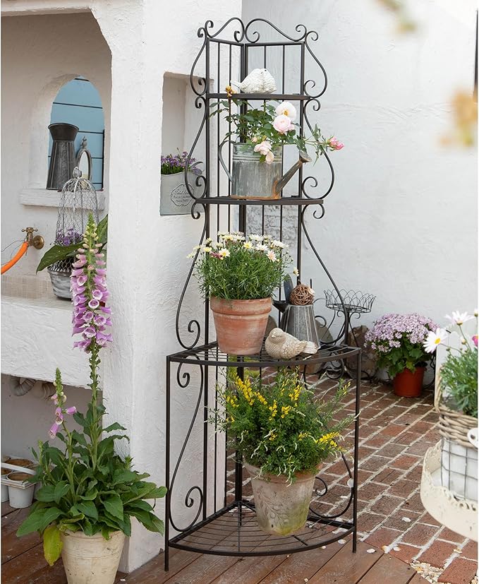 Black Corner 4-Tier Plant Rack, Space-Saving French Balcony Organizer with Filigree Metalwork, Indoor Shelf for Multiple Pots Garden Decor
