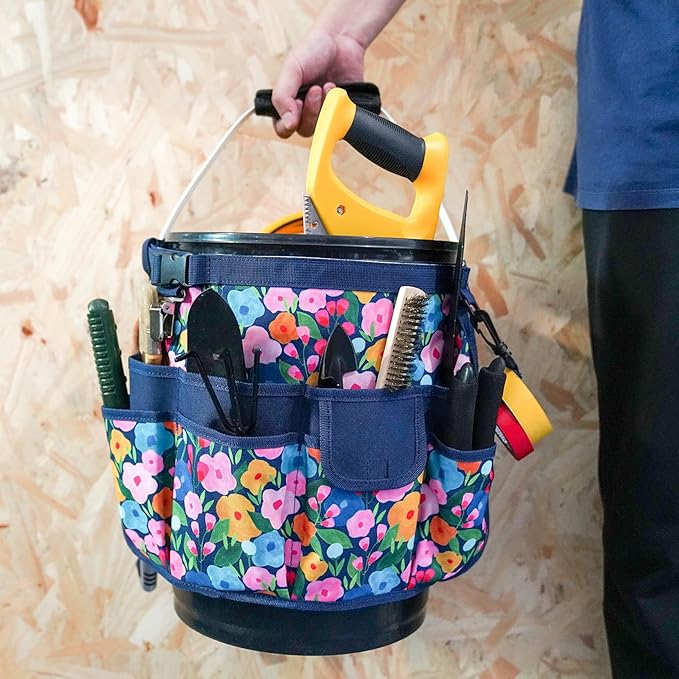 MELOTOUGH Bucket Caddy Organizer Bucket Tool Organizer for Garden Tools Fit 3.5 to 5 Gallon Bucket (Blue Flower)