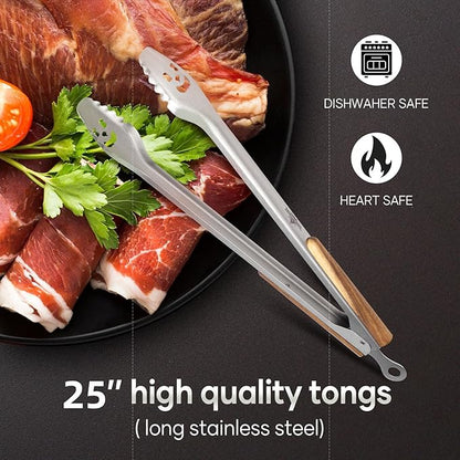 25-Inch Very Long Stainless Steel BBQ Tongs with Extended Luxurious Acacia Handle – Durable and Easy-to-Clean Grilling Tool for Cooking, Kitchen Use, and Outdoor Barbecues