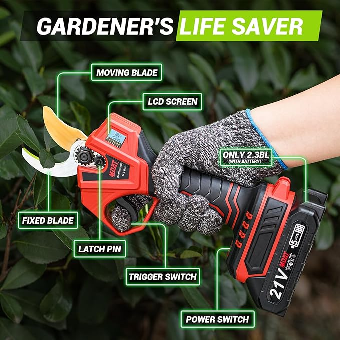 Electric Pruning Shears,Cordless Pruning Shears Brushless Motor with 2Pcs Rechargeable Batteries，21V Upgraded Pruner with LCD Display