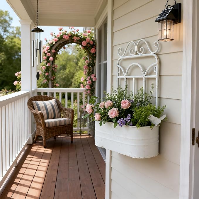 Rustic Metal Wall Planter Country Garden Wall Hanging Mount Vase Pocket Outdoor Vintage Hanging Pot Farmhouse Wall Decor for Plants Flowers (White)