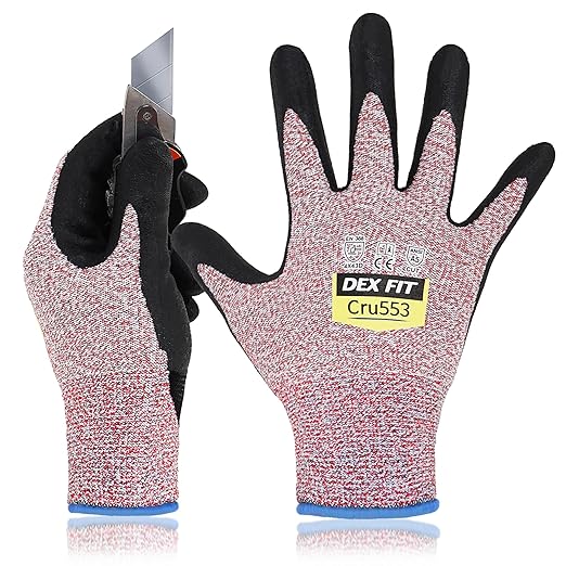 DEX FIT Professional Grade Level 5 Cut Resistant Gloves Cru553, Updated Coating 2025, 3D Precision Comfort Fit, Water-Based Nitrile Power Grip, Breathable, Touchscreen, Washable - Red L (9) 3 Pairs