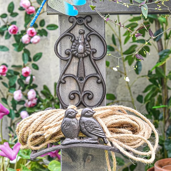 Sungmor Vintage Cast Iron Garden Hose Holder - Small Decorative Wall Mount Hose Hanger with Birds & Scroll, Heavy Duty Outdoor Storage Hook for Yard, Garden, or Patio - Rustic Bronze Finish