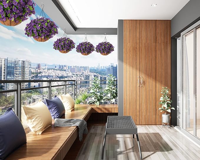 Artificial Hanging Flower Plants with Basket for Spring Summer Outdoor Decoration, Faux Petunias Flowers Fake Morning Glories Planter for Outside Patio Garden Porch Balcony Yard Decor(Purple)