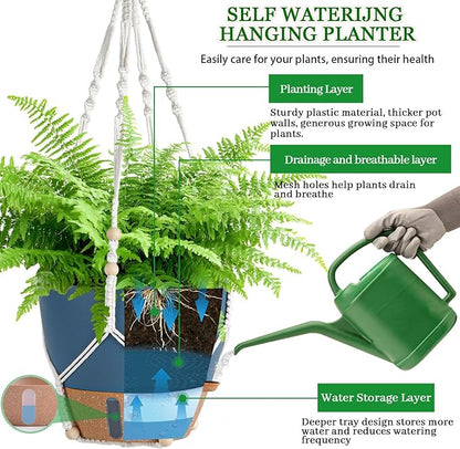 Hanging Planter Self Watering 10 Inch, 2 Pack Hanging Baskets for Plants, Hanging Flower Pots with Drainage Hole & 2 Kinds of Plant Hangers for Garden Home Decor (Navy Blue, 10 Inch)