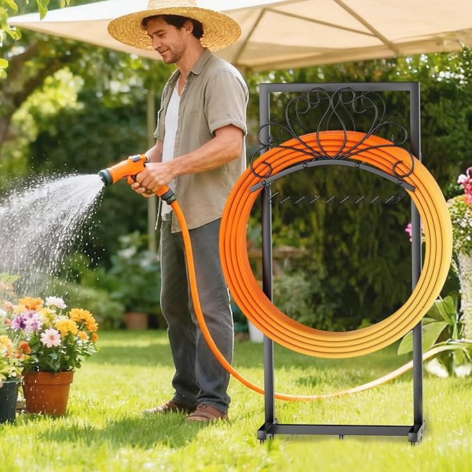 Garden Hose Holder, Heavy-Duty Metal Water Hose Holder with Detachable Storage Basket, Freestanding Hose Stand & Organizer for Outside Yard Lawn, Rust-Resistant Hose Rack for Easy Hose Storage