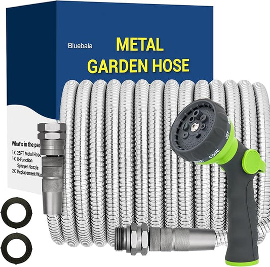 25 FT Stainless Steel Garden Hose – Lightweight No-Kink Metal Water Hose, 304 Steel, Flexible & Easy to Coil, Leak-Proof Swivel Fittings, 8-Mode Nozzle for Patio, Balcony, RV, Small Gardens