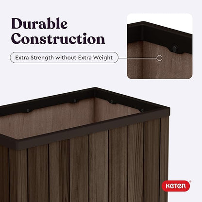 Keter Signature 21.7 Inch Tall Rectangular Large Wood Look Planter for Indoor or Outdoor Flower Pot Ideal for Patio Deck and Front Porch Decor, Rosewood