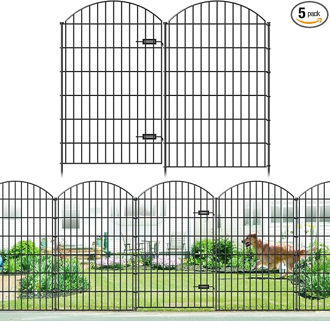Metal Garden Fence with Gate 48in (H) x 12.7ft (L), 1 Gate+ 4 Panels Dog Fence Border Fences Animal Barrier, No Dig Garden Fencing for Yard Flower Bed Lawn Patio Outdoor, ECG4805G, Black