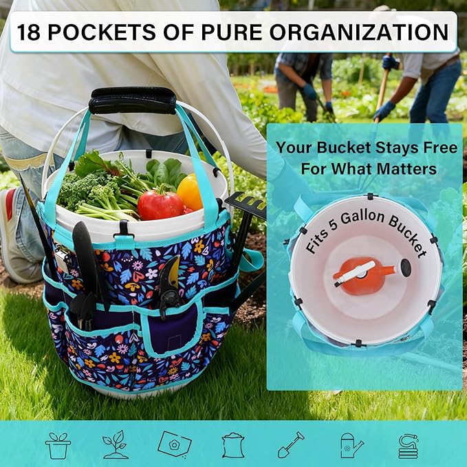 KUNN Bucket Tool Organizer 5 Gallon with Hangable Handle 18-Pocket Detachable Bucket Bag for Tools, Garden Caddy Tote with Pockets, Heavy Duty 600D Polyester Gardening Accessory,Blue