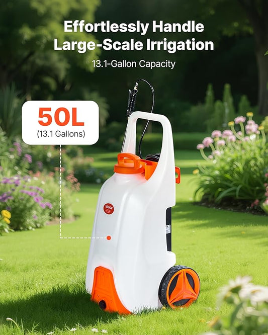 VEVOR 13.1 Gallon Battery Powered Sprayer with Wheels, Adjustable 0-80 PSI, 5 Nozzles and 98ft Hose Included, Orange