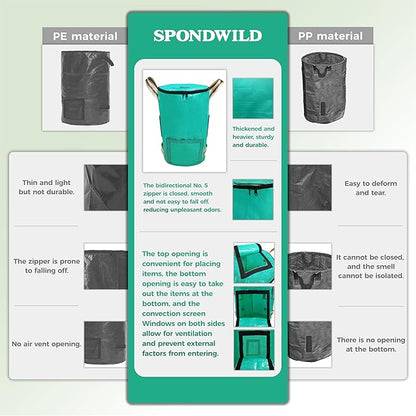 Reusable Garden Yard Waste Bag – 14.39Gallon Breathable Thickened Reusable Lawn Bag, with 4 Handles for Easy Moving & Foldable Design, for Leaf & Miscellaneous Debris Collection(Green)