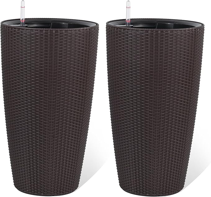 22" Tall Planter Set of 2, Large Self Watering Pots for Indoor/Outdoor Plants with Drain Holes, Water Level Monitor, Inner Bucket for Front Porch Patio, Brown Rattan Conical