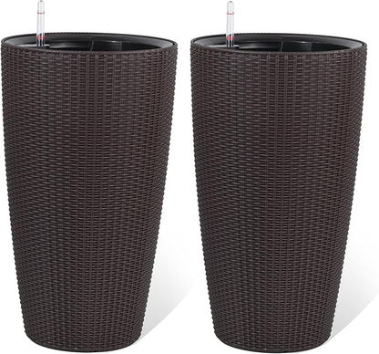22" Tall Planter Set of 2, Large Self Watering Pots for Indoor/Outdoor Plants with Drain Holes, Water Level Monitor, Inner Bucket for Front Porch Patio, Brown Rattan Conical