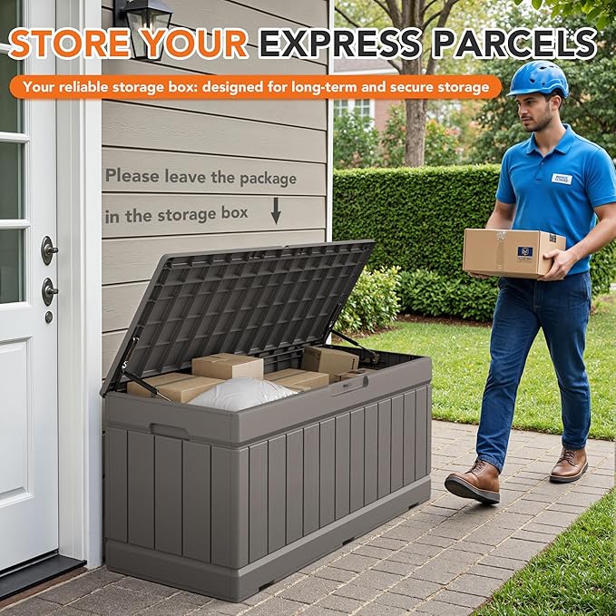 78 Gallon Deck Box Outdoor Indoor Waterproof Storage Box for Patio Furniture, Pool Accessories, Garden Tools, and Cushion Storage, Coffee