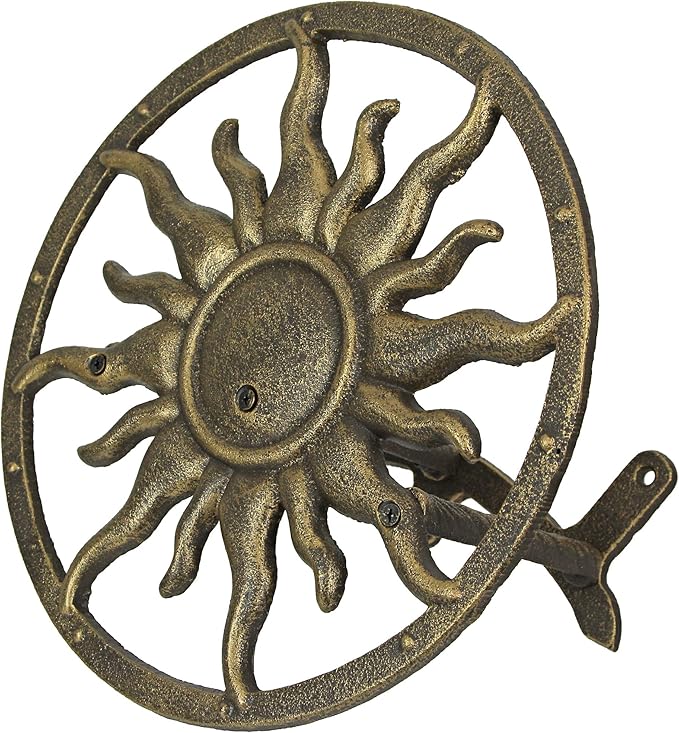 Bronze Finish Cast Iron Sun Wall Mounted Hanging Garden Hose Hanger Celestial Outdoor Decor - Weather Resistant - Easy Install Hose Holder - 11.5 Inches in Diameter