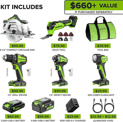 GREENWORKS 24V (5-TOOL) Combo (Drill + Impact Driver + Circular Saw + Multi-Tool + Flashlight), 4.0Ah + 2.0Ah (24,000mAh Power Bank) Batteries, (2) Cables, 65W Rapid Charger