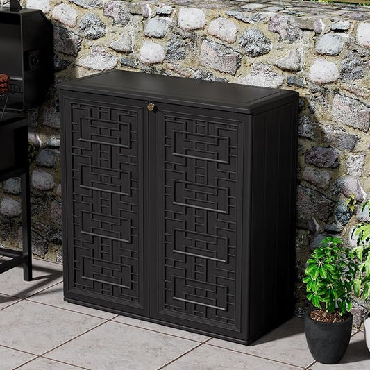 Outdoor Storage Cabinet Waterproof with Shelf,Resin Storage Sheds Outdoor Cabinets for tub towels/chemicals/grill items/Patio/Garden/Backyard, Size 34.3''L*15''W*36.2''H（Black）