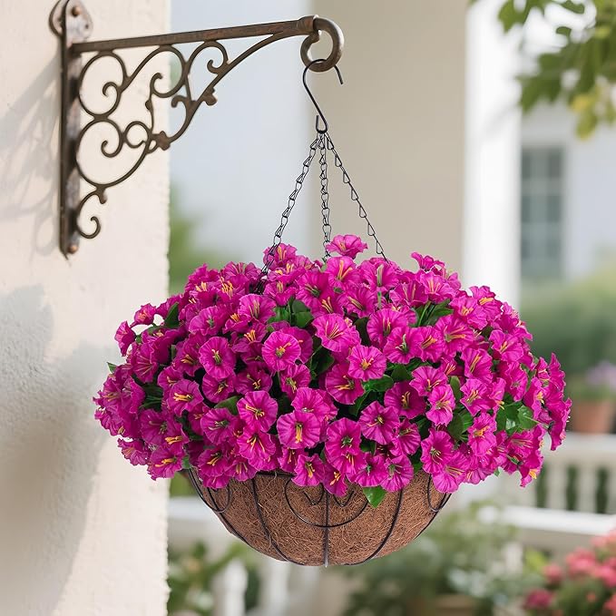 Artificial Hanging Flower Plants with Basket for Outdoor Decoration, Faux Petunias Flowers Fake Morning Glory Planter for Outside Patio Garden Porch Balcony Yard Decor(Fuchsia)