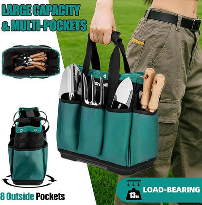 Garden Tool Bag Molded Bottom, Heavy Duty Tool Tote Toolbox with 10 Pockets, Reinforced & Top Snap Closure for Gardening Tools Storage, Dark Green(Tools Not Included)