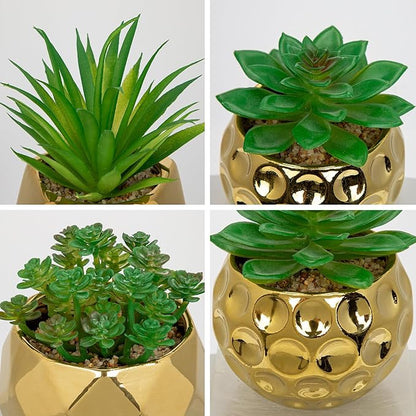 Briful Artificial Succulents Plants in Ceramic Pots, 3 Pack Faux Succulent Set with Gold Geometric Planters – Modern Desk Decor for Home Office Shelf Bathroom, Small Fake Plants Potted
