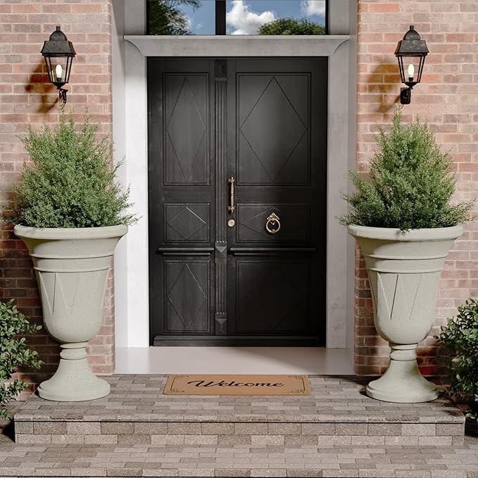 23.6" Tall Plastic Urn Planters for Outdoor Plants, Set of 2 Heavy-Duty Classic Indoor Large Flower Pots with Drainage Holes & Trophy Design, Outdoor Planters for Porch, Home Garden, White