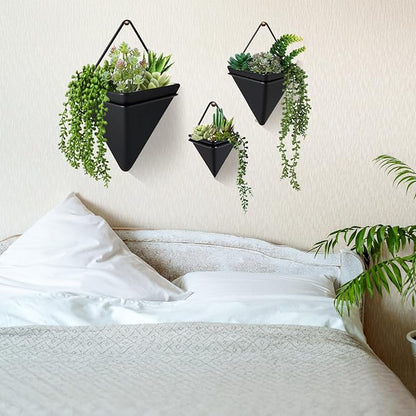 Rtteri 15 Pcs Hanging Artificial Succulents Plants for Indoor Fake Wall Planter with Faux Plants Geometric Vase Pot (8.2/5.9/4 Inch Size) Ceramic Holder and Mini Fake Succulent(Succulents,Black)