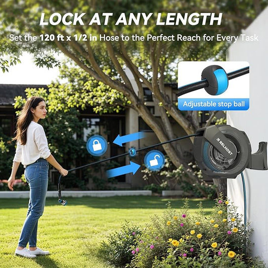 Retractable Garden Hose Reel 120 ft x 1/2 in, Heavy Duty Hose Reel Wall Mount with Any Length Lock, Slow Return System, 180° Swivel Bracket, 10-Pattern Garden Hose Nozzle, Dark Grey